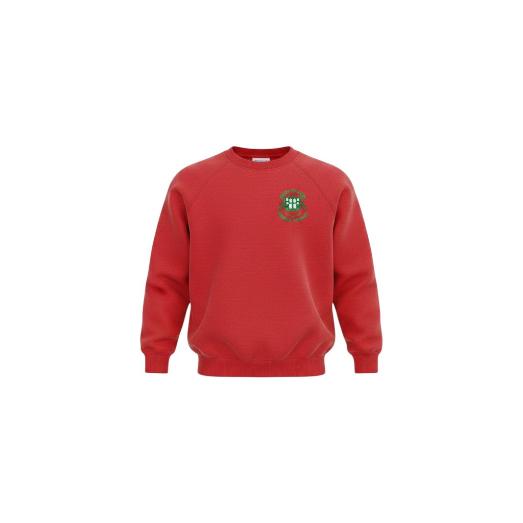Olympia Print & Embroidery red crew neck school jumper with Pontllanfraith Primary School embroidered logo