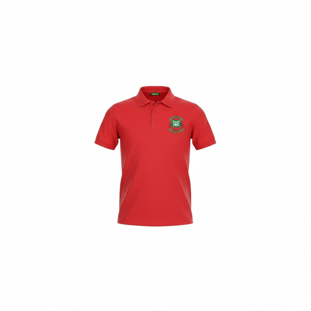 Olympia Print & Embroidery red Pontllanfraith Primary School polo shirt with a classic collar and embroidered logo.