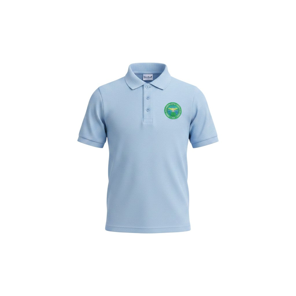 Olympia Print & Embroidery light blue Libanus school polo shirt with a circular embroidered logo on the chest