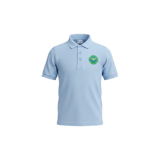 Olympia Print & Embroidery light blue Libanus school polo shirt with a circular embroidered logo on the chest