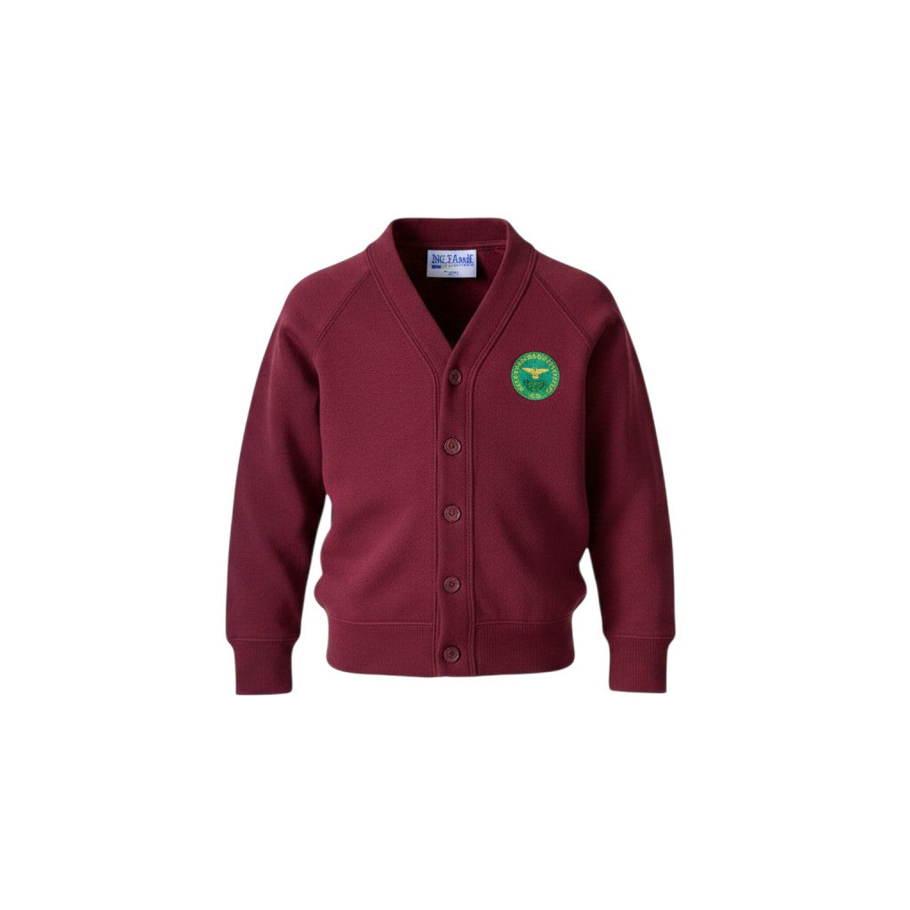 Olympia Print & Embroidery maroon school cardigan with a V-neck, button front, and embroidered school crest.