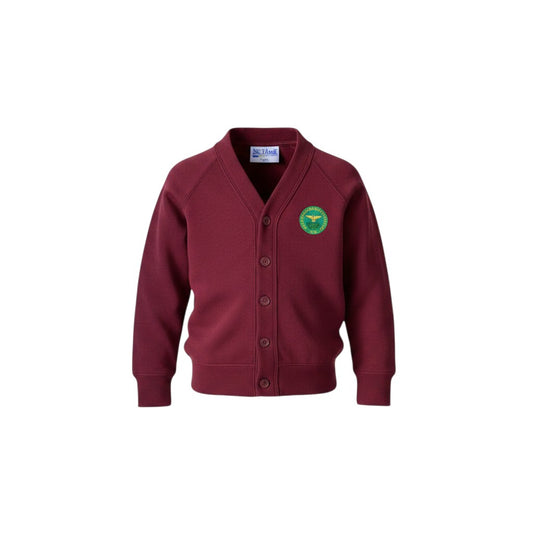 Olympia Print & Embroidery maroon school cardigan with a V-neck, button front, and embroidered school crest.