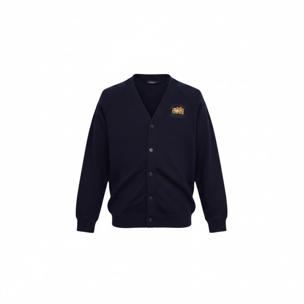 Olympia Print & Embroidery navy school cardigan with Pentwynmawr Primary School logo and button-up front