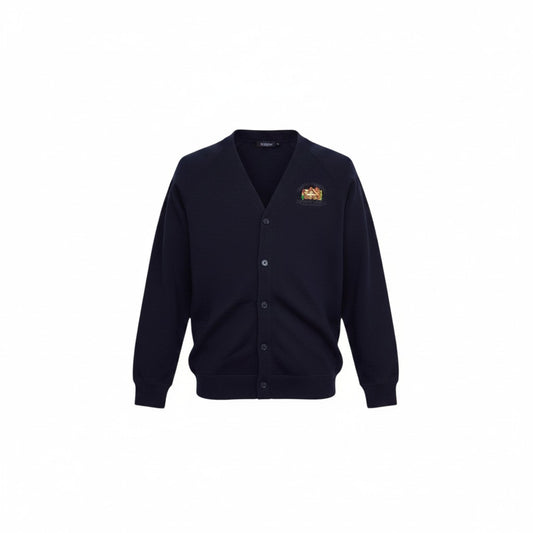 Olympia Print & Embroidery navy school cardigan with Pentwynmawr Primary School logo and button-up front
