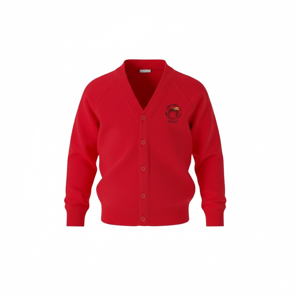 Olympia Print & Embroidery red long-sleeve school cardigan for Crumlin High Level Primary with button-up front.