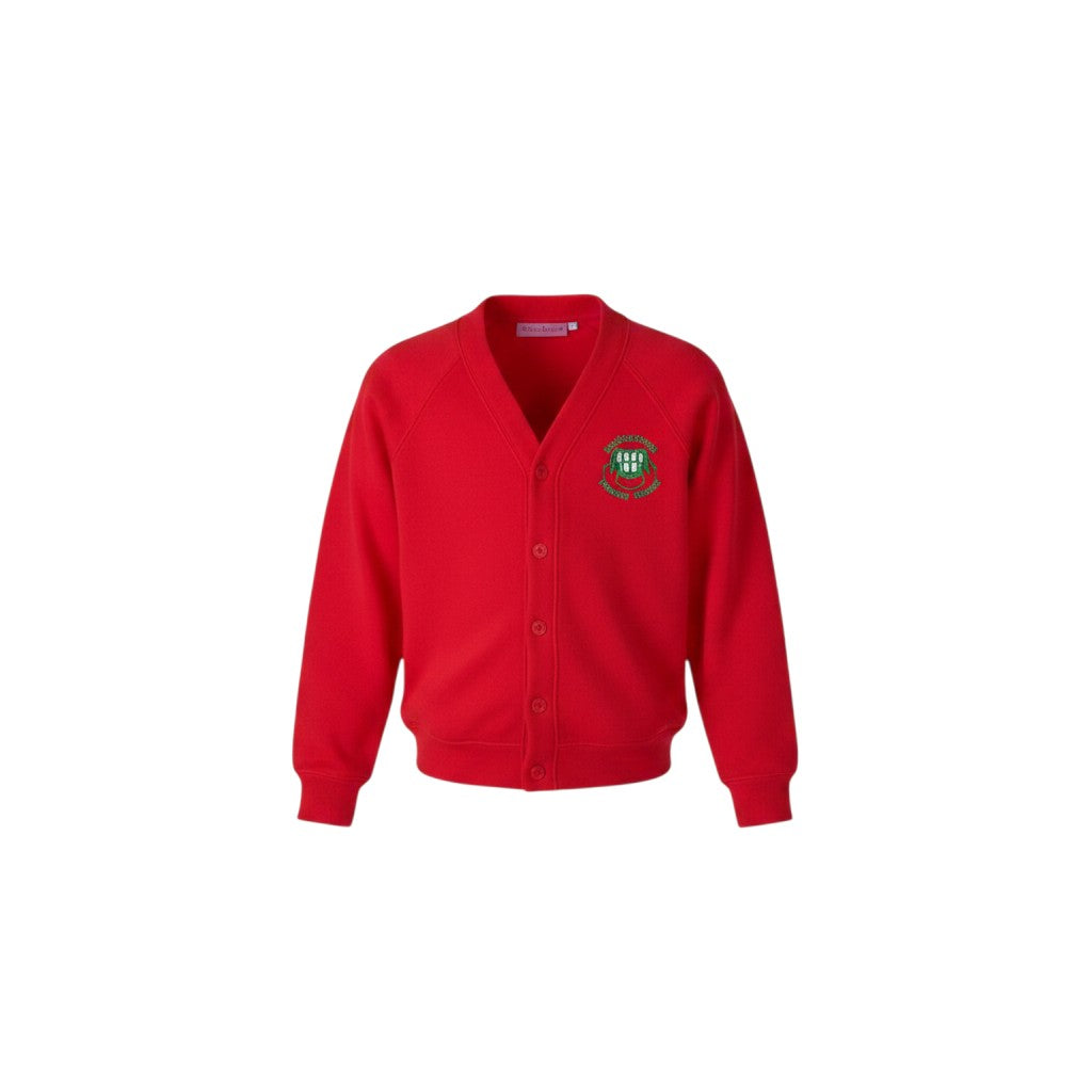 Olympia Print & Embroidery red Pontllanfraith Primary School cardigan with button front and embroidered logo