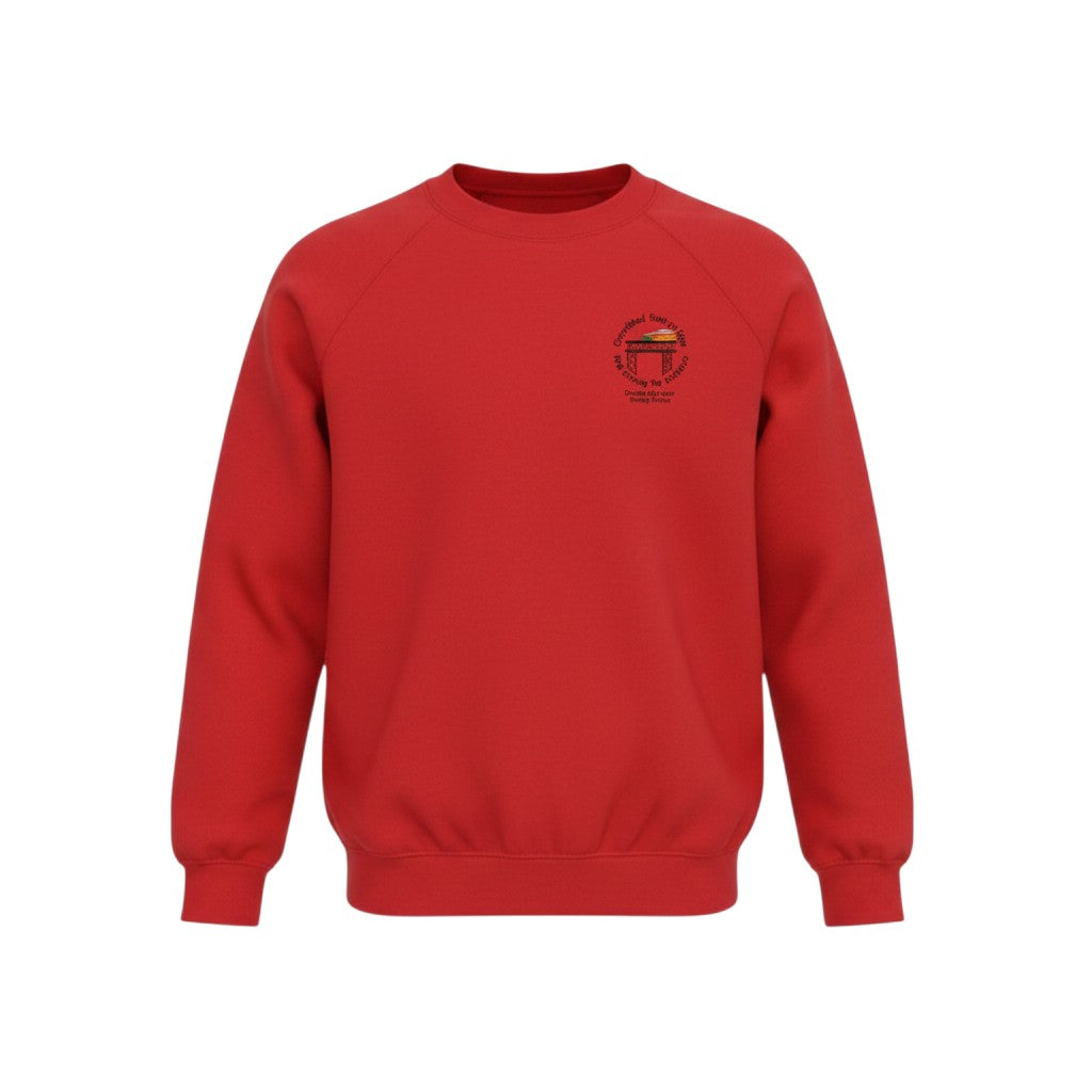Olympia Print & Embroidery red crew neck school jumper with long sleeves and embroidered school badge