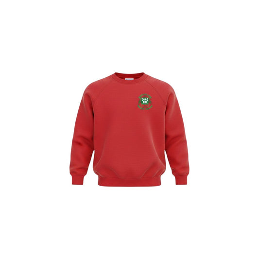 Olympia Print & Embroidery red crew neck school jumper with Pontllanfraith Primary School embroidered logo