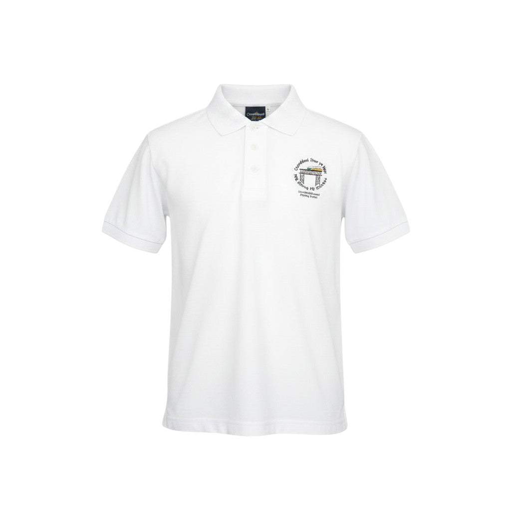 Olympia Print & Embroidery white Crumlin High Level Primary School polo shirt with embroidered chest logo