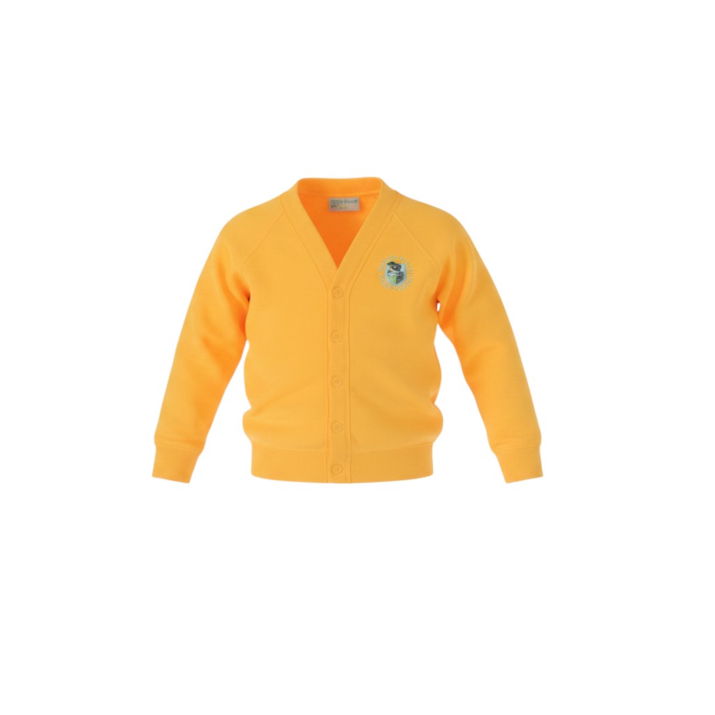 Olympia Print & Embroidery yellow Rhiw Syr Dafydd school cardigan with button-up front and embroidered school logo