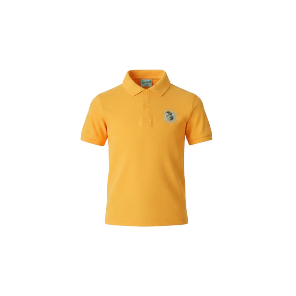 Olympia Print & Embroidery yellow polo shirt with Rhiw Syr Dafydd school logo on the chest