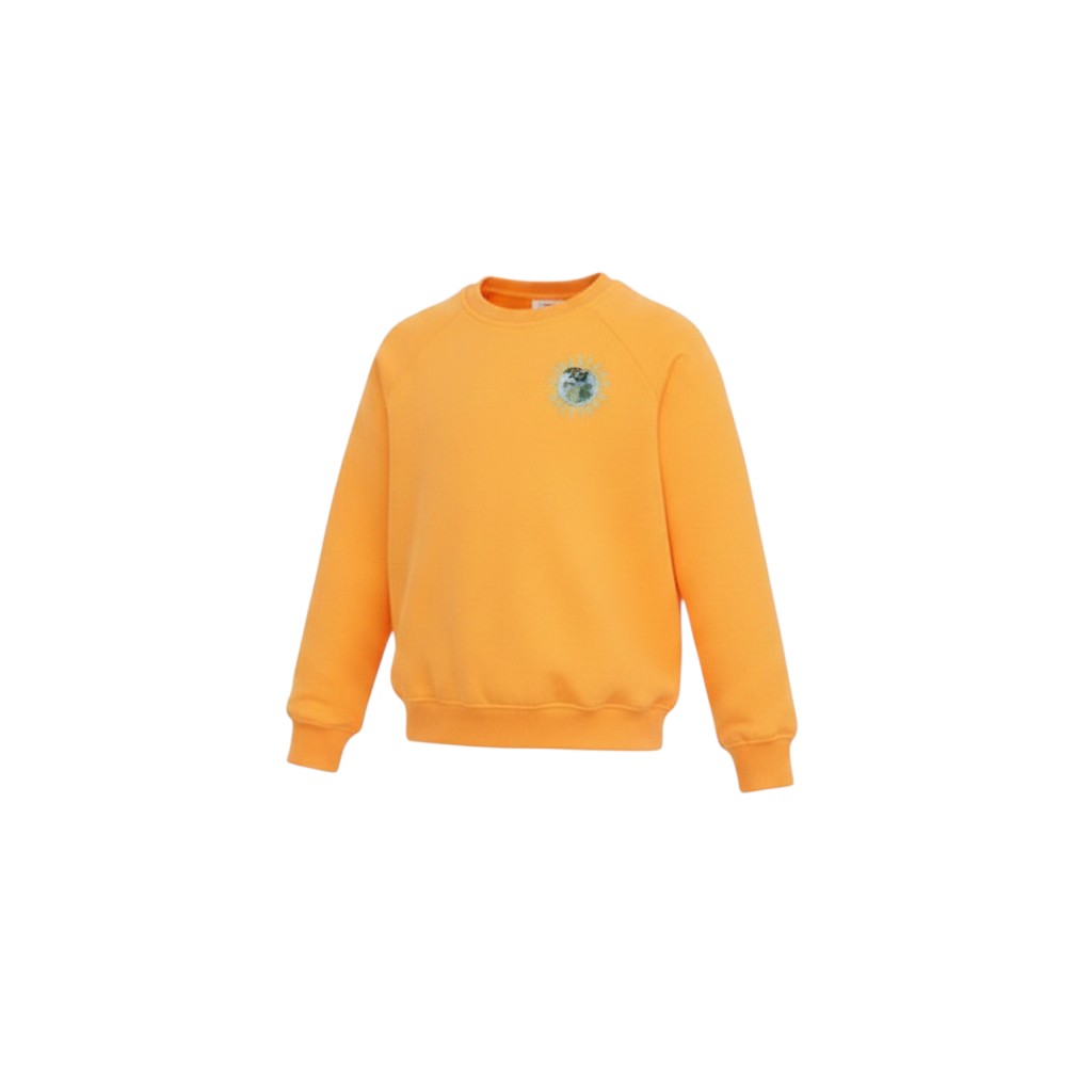 Olympia Print & Embroidery yellow crew neck sweatshirt with a small circular chest logo for school wear